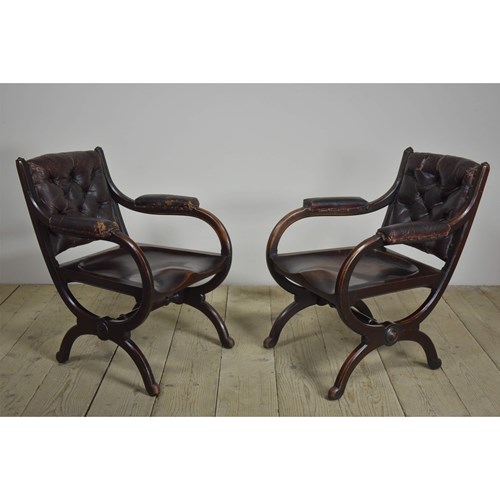 Pair Antique Mahogany Gothic Armchairs