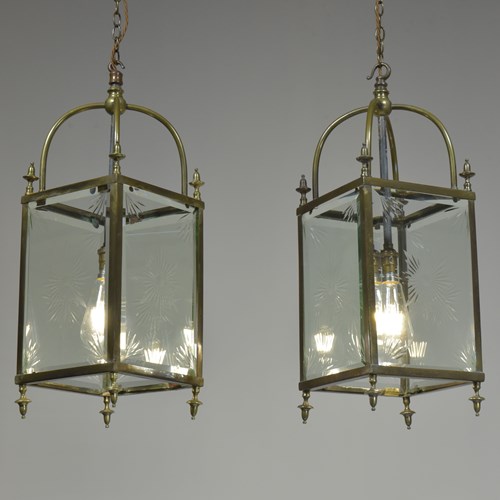 Pair 19Th Century Glazed Brass Lanterns
