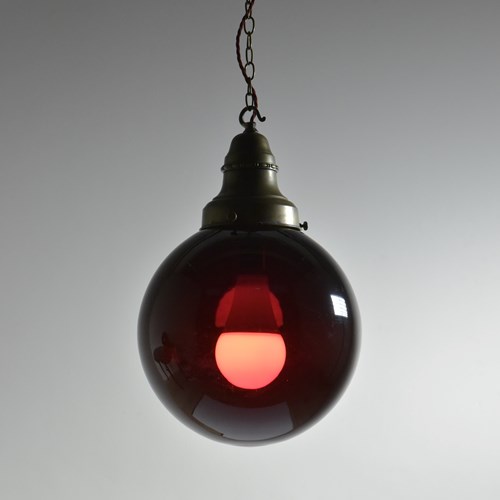 Pair Deep Red Globe Pendant Lights