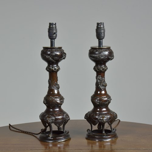 Pair Japanese Bronze Lamps