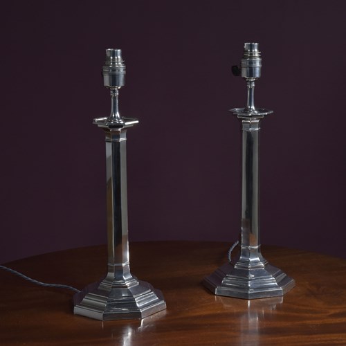 Pair 19Th Century Silver Plated Octagonal Lamps