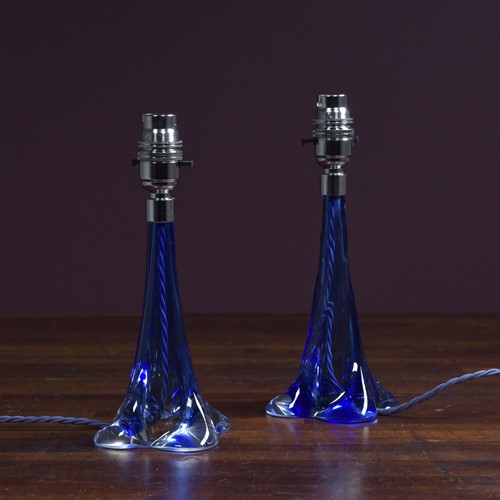 Pair Blue Glass Twist Lamps