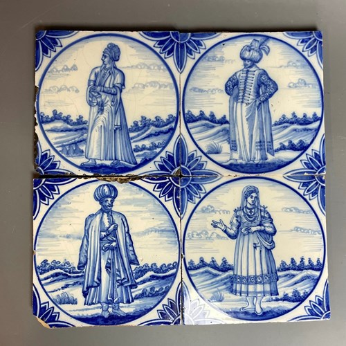 Four Blue & White Delft Tiles Of Figures In Turkish Costume
