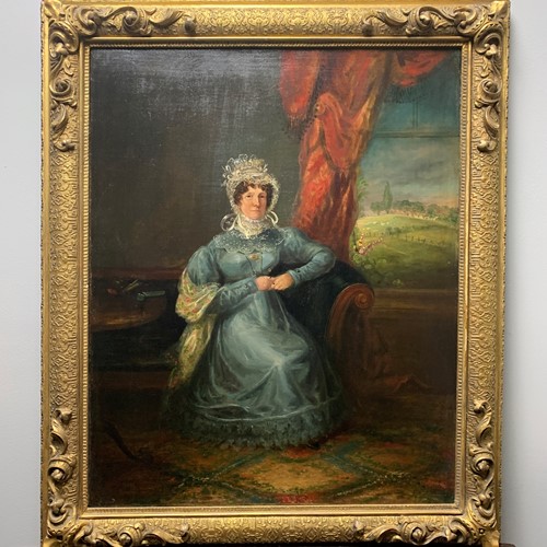 Regency Oil Portrait of a Lady in a Blue Dress
