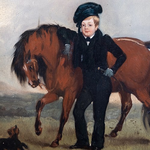 19Th Century Oil On Panel - Boy With Horse. Naive School.