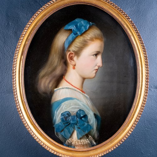 19Th Century Oval Portrait Of A Girl In Blue. Oil On Canvas.