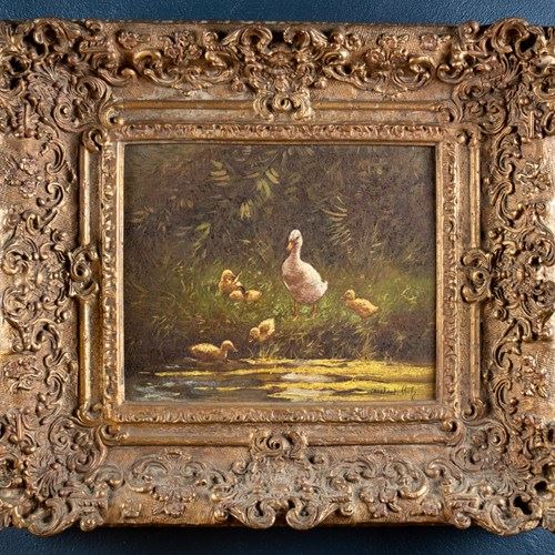 Constant David Ludovic Artz (1870-1951) - Ducks By A Pond. Oil On Board.