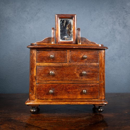 Miniature Early 19Th Century Oak Chest Of Drawers With Swing Mirror