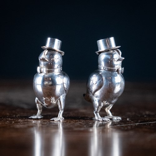 Pair Of Novelty Silver Chick Pepperettes, C.1920