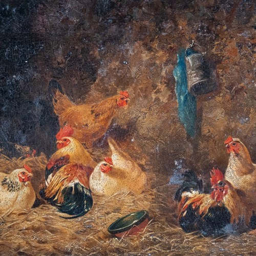 Follower Of Edgar Hunt (1876-1953) - Chickens In A Barn. Oil On Board.