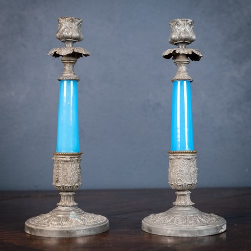 19Th Century Pair Of Blue Glass Candlesticks