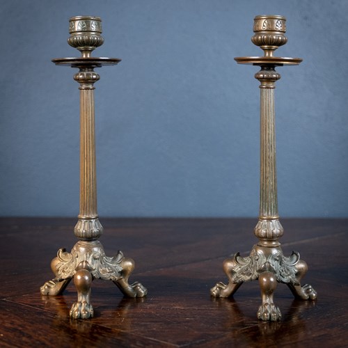 Bronze French Empire Lion Paw Candlesticks