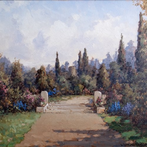 James Jerome Miller (Fl.1875-1900) - Pair Of Country Gardens. Oil.