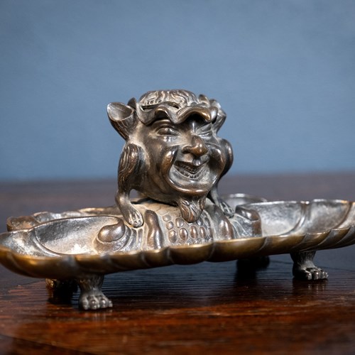 Large 19Th Century Bronze Disguised Devil/Bird Inkwell