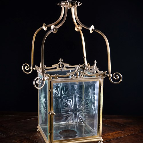 Large Brass & Cut Glass Hall Lantern, C.1910