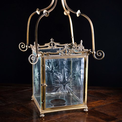 Large Brass & Cut Glass Hall Lantern, C.1910