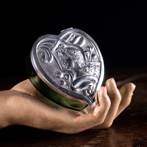 Large Silver & Green Glass Heart Box By Levi & Salaman, 1901.