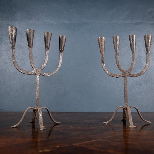 Rare Pair Of Scandinavian Wrought Iron Candle Holders, C.1800