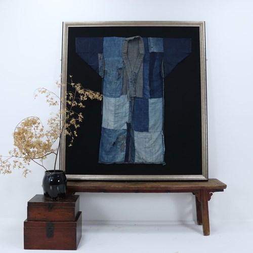 Meiji Period Japanese Indigo Framed Boro Kimono