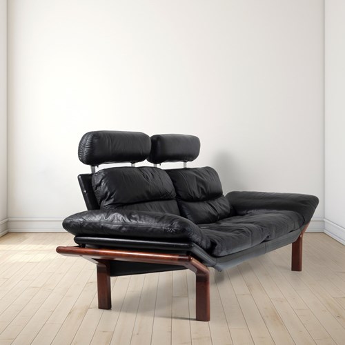 Danish Black Leather And Teak Sofa By Komfort
