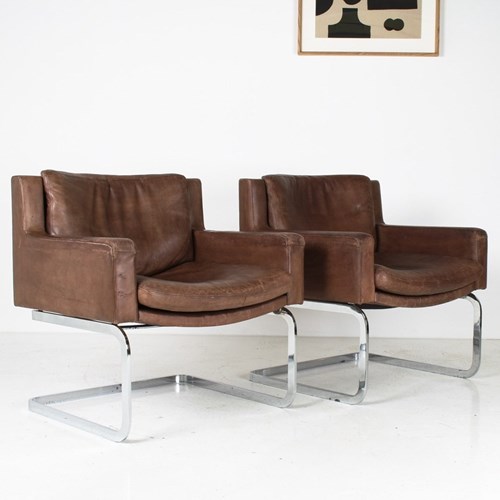 Pair Of Robert Haussmann For De Sede DS-201 Mid Century Brown Leather Armchairs