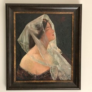 Portrait 'Lady With Veil' Oil On Canvas