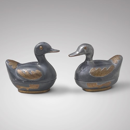 Pair Of Antique Chinese Pewter Duck Boxes