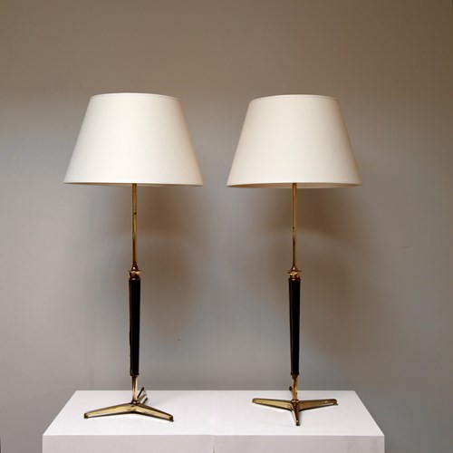 Pair Of Brass And Stitched Leather Table Lamps