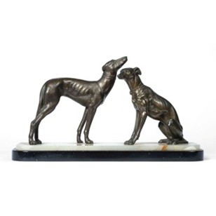 A Pair of Bronze Greyhounds on Marble Base