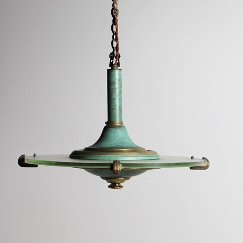 XL 1920S Art Deco Pendant Light In Verdigris Brass