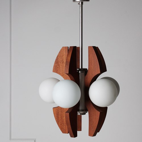 Opaline And Teak Ceiling Light 
