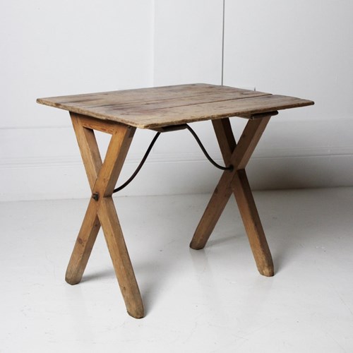 19Th C Scrubbed Pine X-Frame Tavern Table