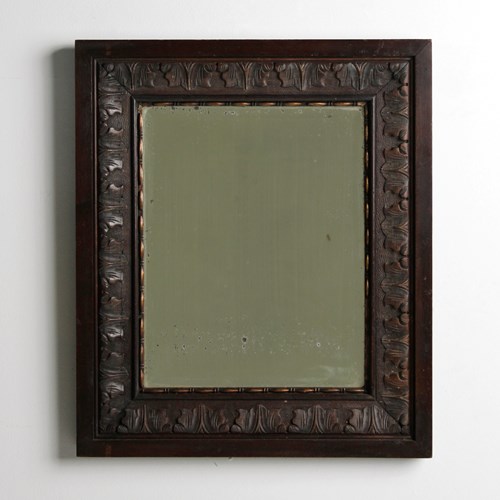 19Th Century Carved Oak Mirror With Foxed Plate