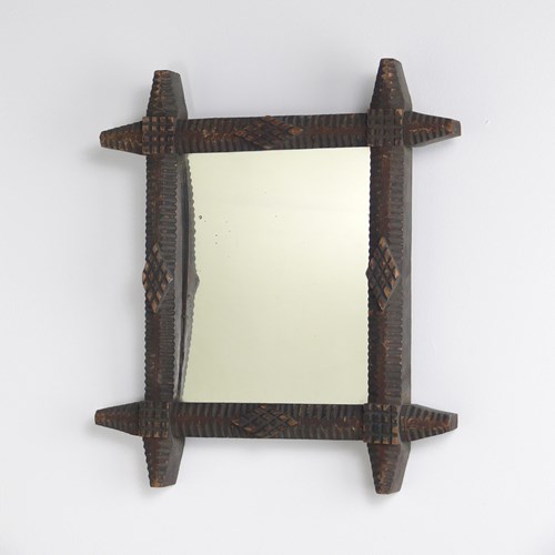 Tramp Art Mirror With Concave Glass