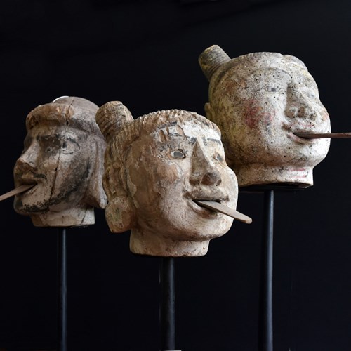 Burmese Carved Puppet Heads On Stands.