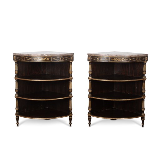Regency Pair Of Decorated Marble Top Corner Cabinets