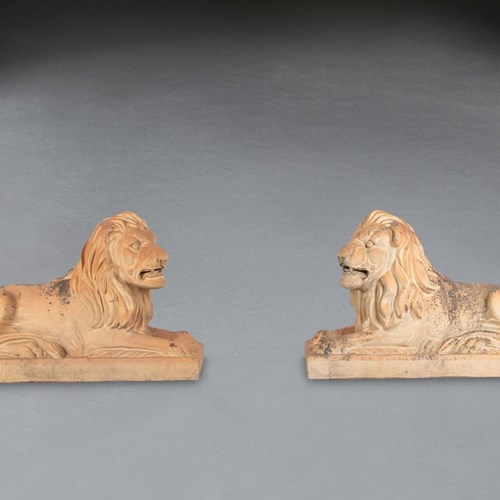 Large Pair Of 19Th Century Terracotta Lions