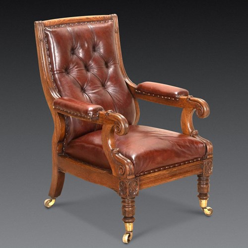 19Th Century English Oak Leather Library Chair