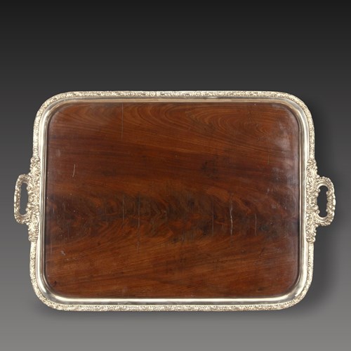 Large 19Th Century Mahogany And Silver Butler's Tray