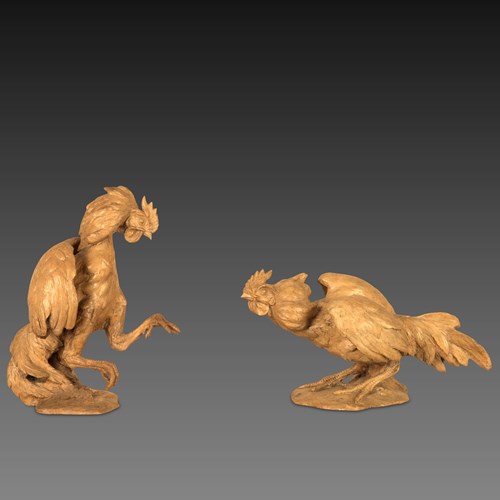 Pair Of 19Th Century Italian Terracotta Cockerels