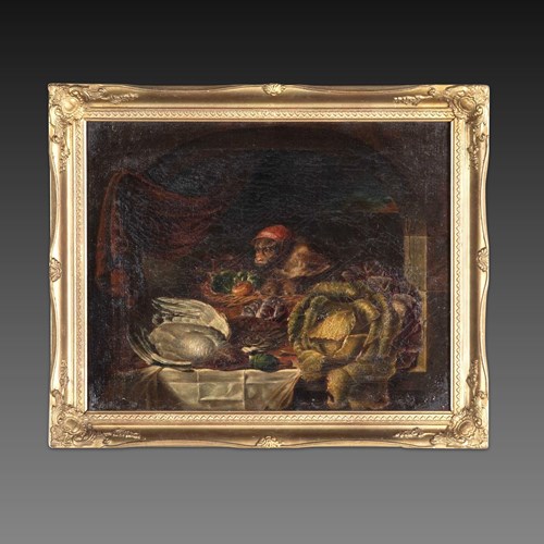 19Th Century Oil On Canvas Painting Of A Monkey