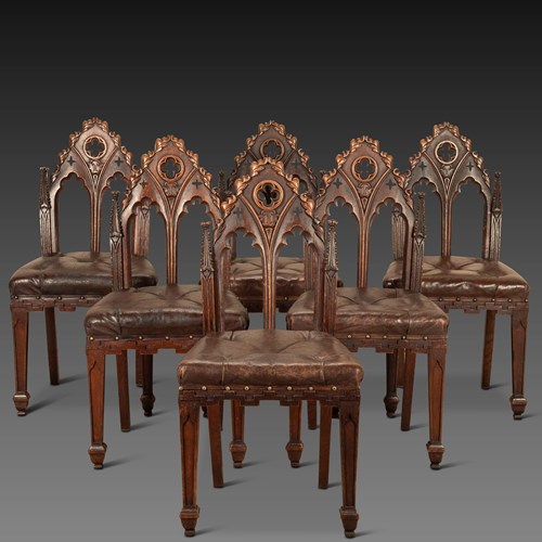 Set Of Six 19Th Century Gothic Oak Side Chairs