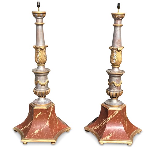 Pair Of C19th Gilt And Marbleized Standard Lamps