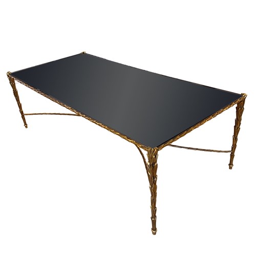 Midcentury French Brass And Glass Coffee Table, Brass And Mirrored Glass, Baguès