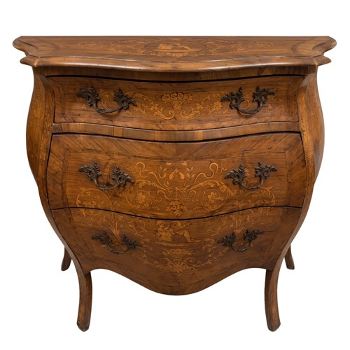 Dutch 19Th Century Bombe Commode, Decorative Marquetry, Three Drawers