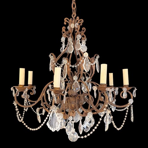 French Chandelier, Decorative, Metal And Glass With Eight Arms, 1920S