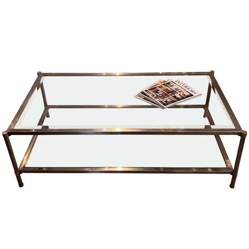Midcentury Large Coffee Table, Steel & Brass Detailing & Clear Glass French '60S