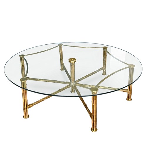 French Midcentury Very Large Coffee Table, Solid Brass Faux Bamboo Clear Glass