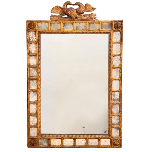 French 19Th Century Giltwood Wall Mirror With A Pair Of Doves, Mercury Glass