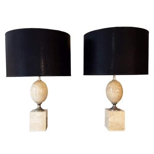 Pair Of Philippe Barbier 1970S Travertine 'Egg' Table Lamps